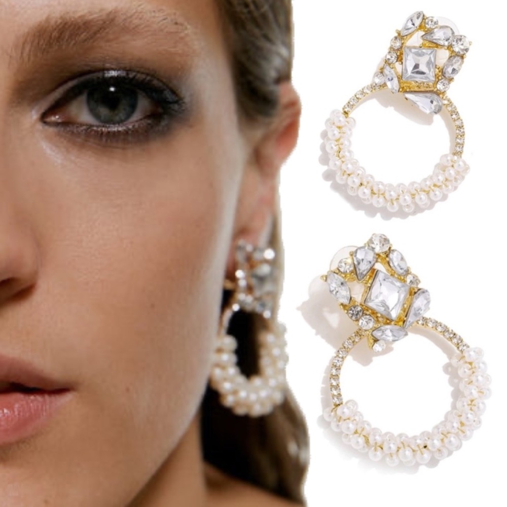 2/$35🖤 Zara Gold Plated Infinity Crystal Cluster Pearl Drop Wedding Earrings
